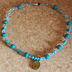 Handmade Blue Beaded Choker with Religious Medalion Depicting Mary and Jesus